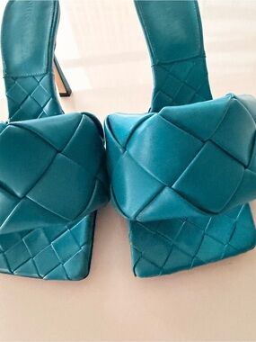 Bottega Veneta Teal Quilted Square-Toe High Heels